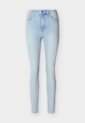 Lichtblauwe, hoge taille, skinny jeans met knoop- en ritssluiting aan de voorkant, vijf zakken en subtiele vervaging langs de benen.