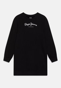 Musta collegepaidan mekko, valmistettu puuvillasta, jossa on pitkät hihat, pyöreä pääntie ja rinnan kohdalla kirjailtu "Pepe Jeans London" -logo.