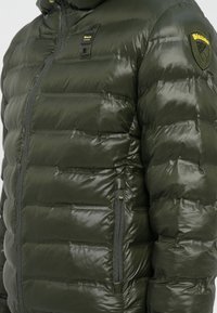 Green puffer jacket with a shiny finish, featuring horizontal quilted sections, a zippered pocket, and a logo patch on the shoulder.