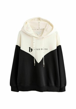 Zwart en crème color-blocked hoodie met een kangoeroezak, pulloverontwerp, trekkoorden en "Ted Baker" logo op de borst.