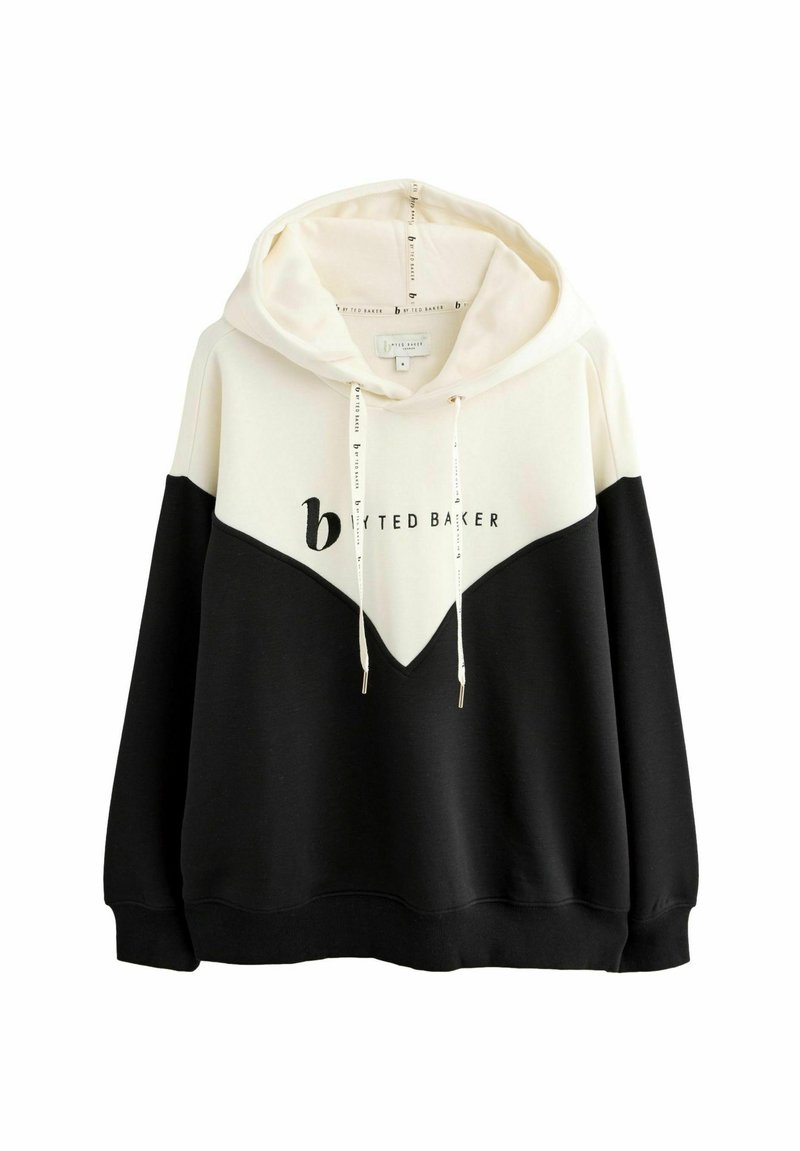 Zwart en crème color-blocked hoodie met een kangoeroezak, pulloverontwerp, trekkoorden en "Ted Baker" logo op de borst.