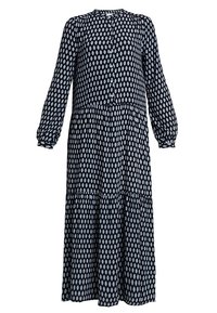 Czarna sukienka z długim rękawem z białym owalnym wzorem, zapinana z przodu na guziki, z marszczonymi warstwami i mankietami.