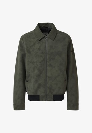 Veste bomber pour homme de couleur vert foncé à motif camouflage, avec fermeture éclair à l'avant, deux poches à boutons, col, et ceinture ainsi que poignets élastiques noirs.