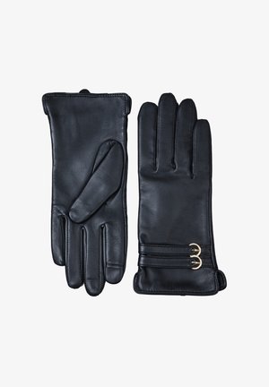 Black leather gloves with a smooth texture. Features include three raised seams and gold-tone double buckle accents on the wrist area.