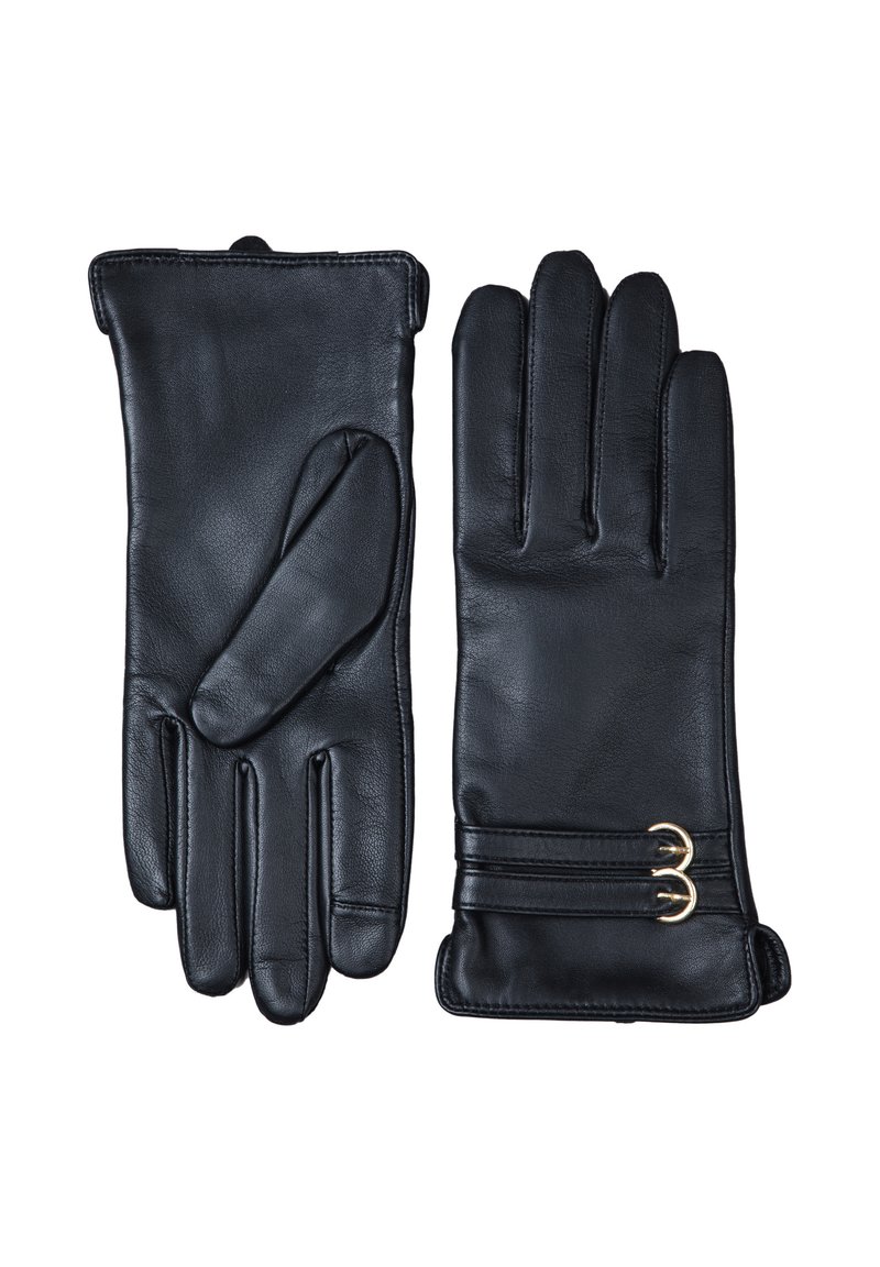 Black leather gloves with a smooth texture. Features include three raised seams and gold-tone double buckle accents on the wrist area.