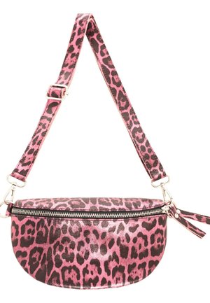 Pink and black leopard print crossbody bag with adjustable strap and silver zipper closure.