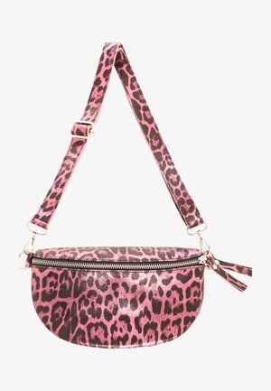 Umhängetasche mit pink-schwarzem Leopardenmuster, verstellbarem Riemen und silbernem Reißverschluss.