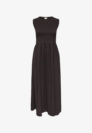 Robe maxi noire sans manches, avec un corsage froncé et une jupe fluide et froncée. Confectionnée dans un tissu léger à la texture lisse.