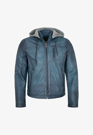 Blaue Lederjacke mit Frontreißverschluss, Reißverschlusstaschen an Brust und Seiten und angenähter grauer Stoffkapuze mit Kordelzug.