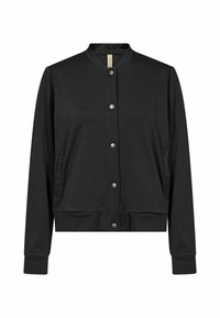 Giubbotto bomber nero a maniche lunghe con bottoni a pressione, polsini e colletto a coste, e tasche laterali, esposto su uno sfondo bianco.