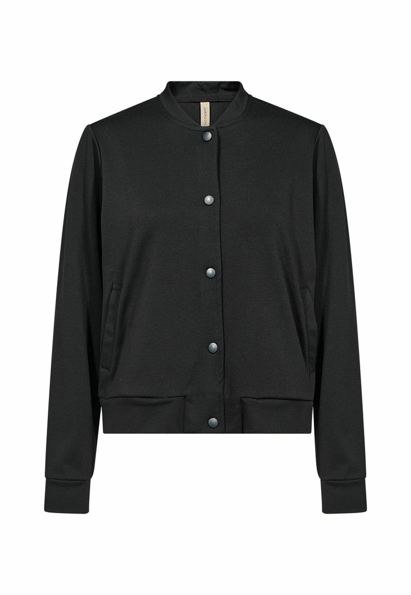 Giubbotto bomber nero a maniche lunghe con bottoni a pressione, polsini e colletto a coste, e tasche laterali, esposto su uno sfondo bianco.