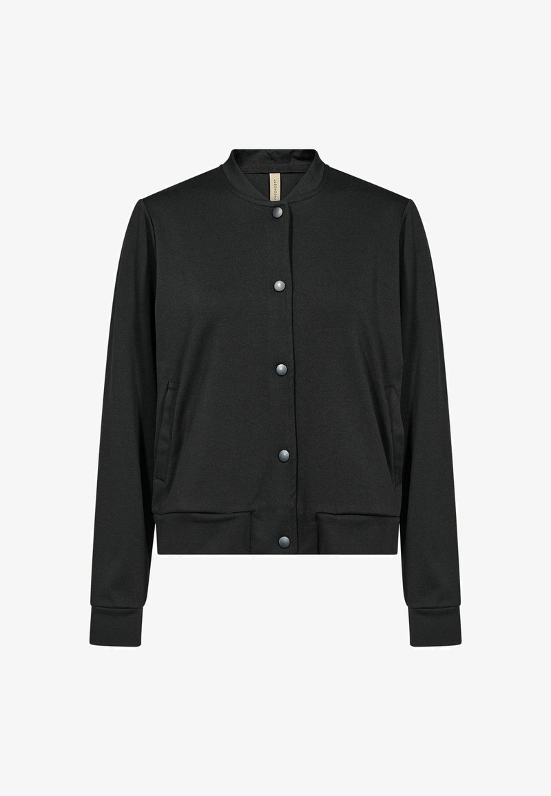 Giubbotto bomber nero a maniche lunghe con bottoni a pressione, polsini e colletto a coste, e tasche laterali, esposto su uno sfondo bianco.