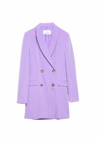Blazer lilas à double boutonnage avec revers crantés, quatre boutons dorés et poches à rabat à l'avant, présenté sur un fond blanc.