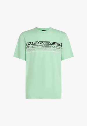 Light green t-shirt made of soft fabric featuring a black and white graphic text print across the chest. Short sleeves and crew neck design.