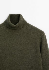 Dark olive green knit turtleneck sweater with ribbed collar and shoulder seams visible on plain white background.