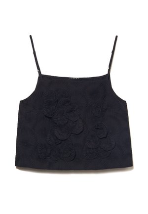 Top senza maniche nero con dettagli in applicazione floreale, tessuto testurizzato e spalline regolabili. Presenta una silhouette aderente e un motivo sottile.