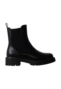 Bottine Chelsea en cuir noir avec semelle épaisse à crampons, panneaux latéraux élastiques et détail de talon texturé sur fond blanc.