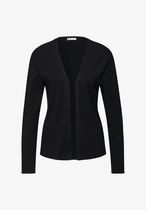 Black knit cardigan with a v-neckline, long sleeves, and an open front design. Soft texture, fitted shape, and no additional hardware or accents.