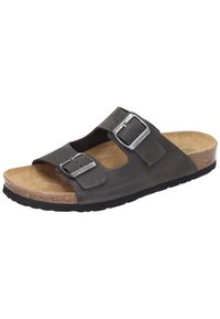 Dark brown leather sandals with two adjustable metal buckles, cork footbed, and textured black rubber sole; open-toe design.