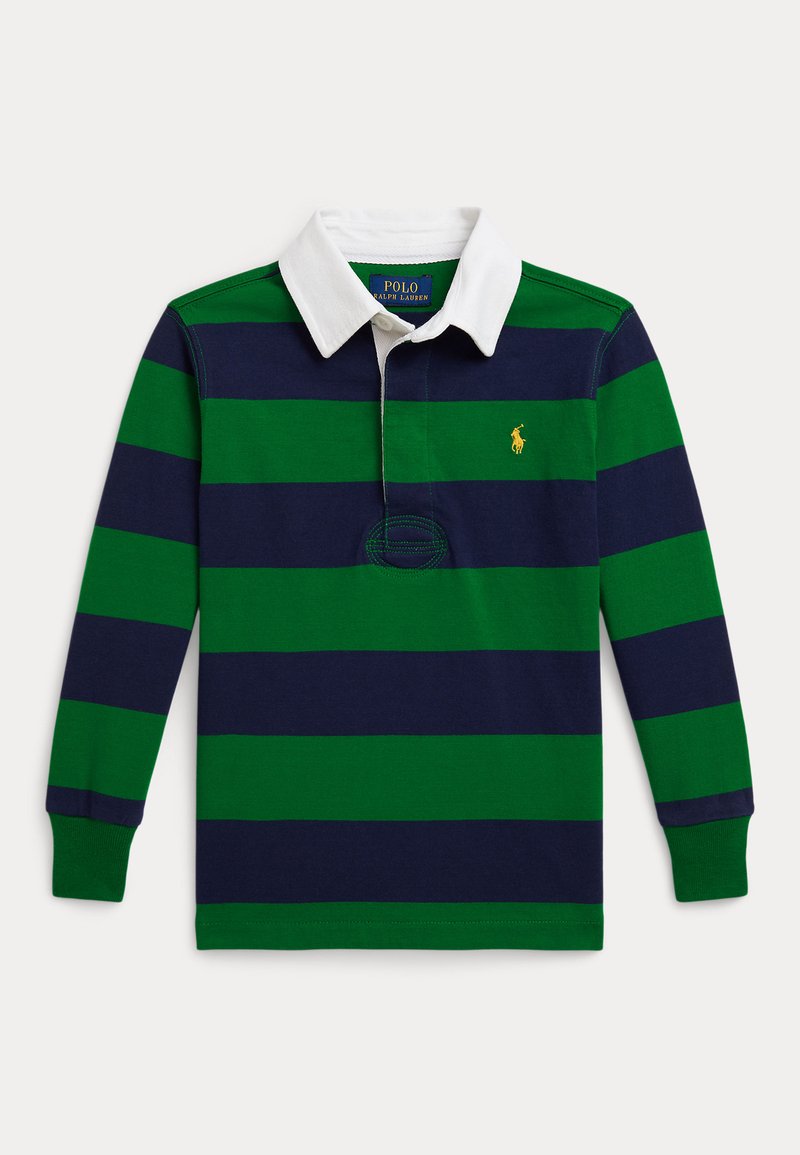 Garās piedurknes polo krekls ar zaļām un tumši ziliem horizontāliem svītrainiem, baltu apkakli, izšūtu dzeltenu logo un ribotu aproci.