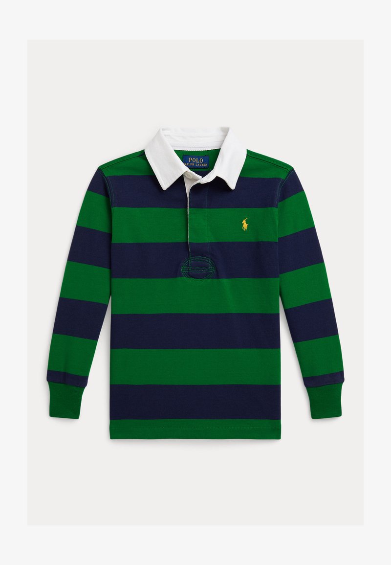 Garās piedurknes polo krekls ar zaļām un tumši ziliem horizontāliem svītrainiem, baltu apkakli, izšūtu dzeltenu logo un ribotu aproci.