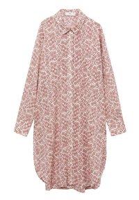 Chemise à manches longues à boutons, motif floral rose et blanc. Tissu doux avec col et ourlet arrondi.