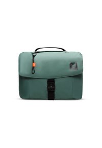 Borsa a tracolla in tessuto teal con una finitura opaca, caratterizzata da un design elegante, chiusura a fibbia nera e manico superiore per il trasporto.