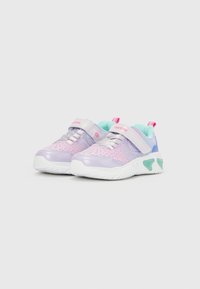 Children's pastel purple and pink sneakers with teal lining, white soles, velcro straps, and decorative mesh details positioned side by side.