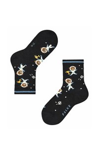 Schwarze Socken mit einem verspielten Design, das Astronauten und Fußbälle zeigt. Akzentstreifen in Blau. Hergestellt aus weichem, strukturiertem Material.
