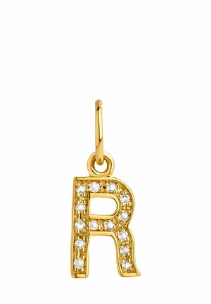 Colgante en forma de letra "R" dorada, con strass transparentes que acentúan la forma. Presenta un lazo circular para su sujeción.
