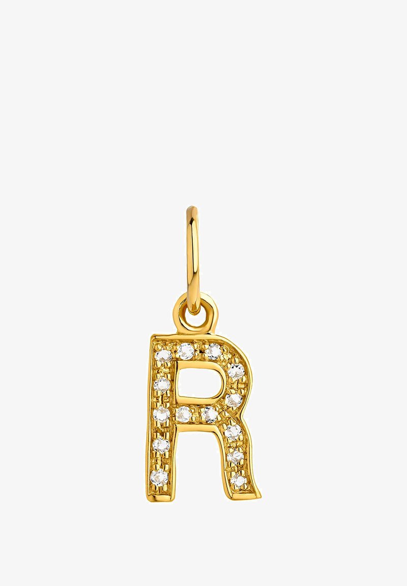 Colgante en forma de letra "R" dorada, con strass transparentes que acentúan la forma. Presenta un lazo circular para su sujeción.