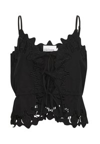 Black sleeveless top featuring ruffled edges, intricate lace detailing, and a tie at the front, made from a lightweight fabric.