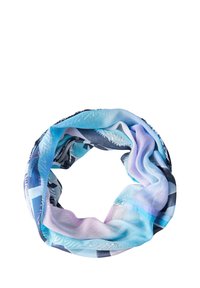 Infinity-Schal in Hellblau, Lila und Marineblau, mit einem Blattmuster; aus weichem, leichtem Stoff mit glatter Textur.