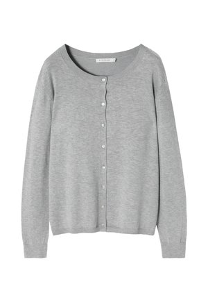 Cardigan grigio chiaro realizzato in morbido tessuto a maglia, con scollatura rotonda, chiusura frontale con bottoni e maniche lunghe con polsini a costine.