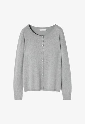Hellgraue Strickjacke aus weichem Material, mit rundem Ausschnitt, Frontknopfverschluss und langen Ärmeln mit gerippten Bündchen.