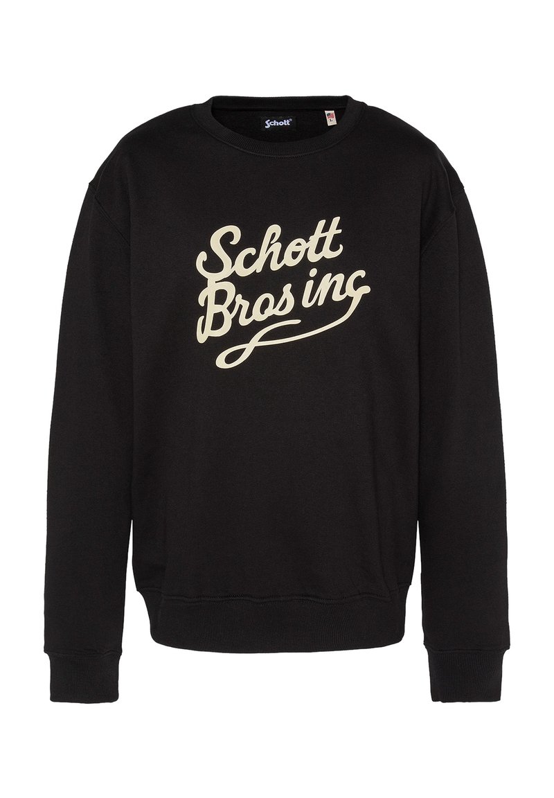 Zwarte sweatshirt gemaakt van katoen, met een crèmekleurige "Schott Bros inc" graphic op de voorkant, ronde hals en ribgebreide manchetten en onderkant.