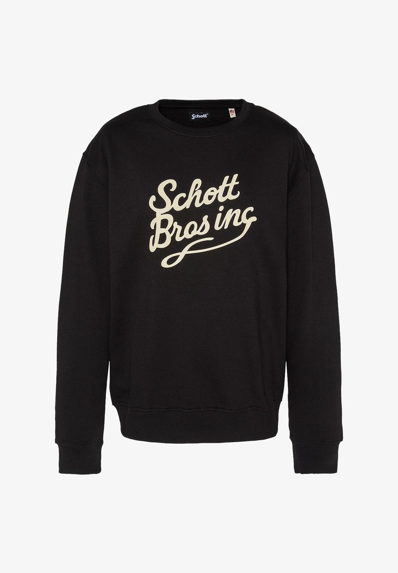 Zwarte sweatshirt gemaakt van katoen, met een crèmekleurige "Schott Bros inc" graphic op de voorkant, ronde hals en ribgebreide manchetten en onderkant.