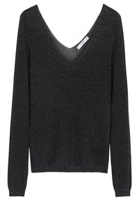 Black long-sleeve sweater with a deep V-neck, made from a shiny, textured material. Fitted design with ribbed cuffs and hem.