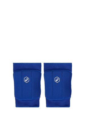 Coppia di supporti imbottiti per gomito di colore blu con polsini elastici e logo bianco Asics su ogni imbottitura, progettati per la protezione sportiva.