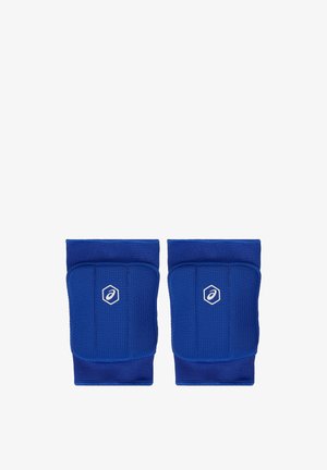 Coppia di supporti imbottiti per gomito di colore blu con polsini elastici e logo bianco Asics su ogni imbottitura, progettati per la protezione sportiva.
