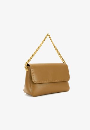 Brown leather handbag with a gold chain strap, featuring a fold-over flap and contrasting stitching along the edges. Smooth texture.