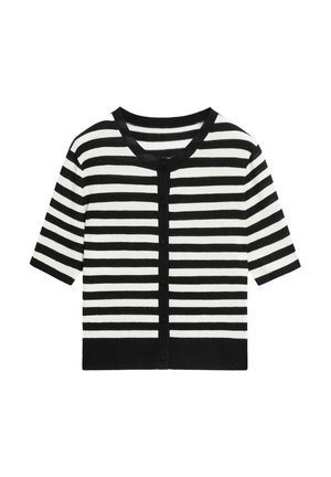 Svartvitt cardigan med horisontella ränder, korta ärmar, rund halsringning och knäppning framtill.