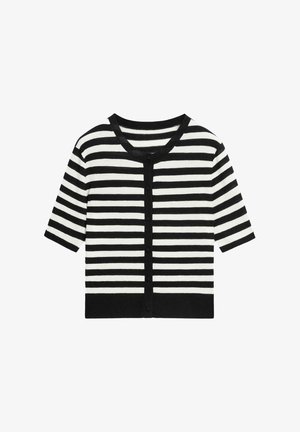 Black and white horizontal striped short-sleeve cardigan with round neckline and button-down front.