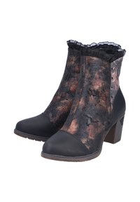 Bottines avec un dessus en métal brun foncé texturé, un capuchon noir et une bordure froncée noire à la cheville. Design à talon carré.