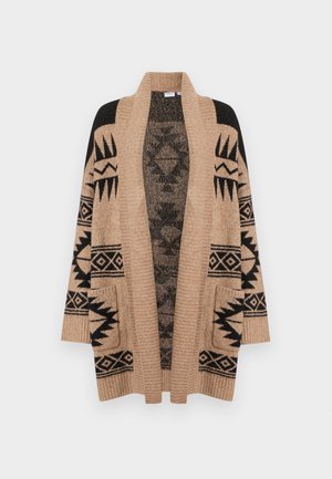 Beige Strickjacke mit schwarzen Tribal-Mustern, übergroßer Schnitt, offene Vorderseite und zwei vorderen Taschen. Strukturierte Rippbündchen und Saum.