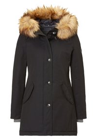 Černá parka s umělým kožíškem, zapínání na knoflíky, boční kapsy a šedé pletené manžety. Hladká tkanina s upraveným střihem.