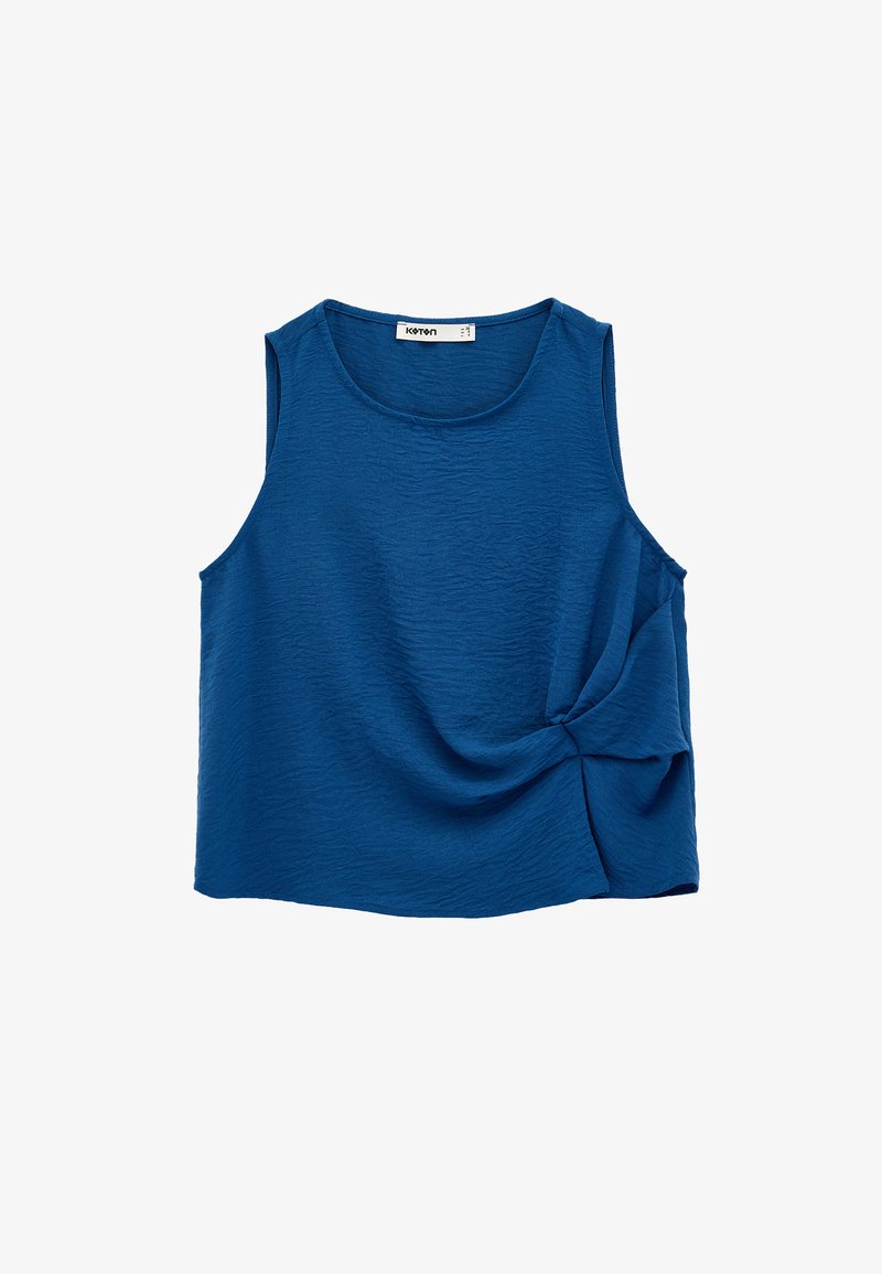 Blusa senza maniche blu con trama, scollo rotondo e dettaglio nodo attorcigliato sul lato destro.