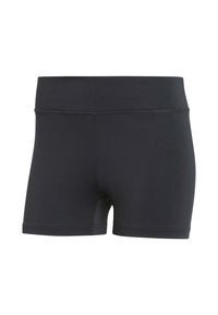 Schwarze Sportshorts mit glatter Textur, hohem Bund und enger Passform, geeignet für sportliche Aktivitäten. Keine sichtbaren Muster oder Akzente.