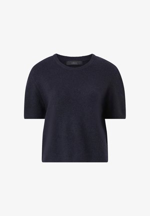 Navyblauwe trui met korte mouwen en een ronde halslijn. Zachte textuur, relaxte pasvorm en geribde afwerking aan de onderkant en mouwen.
