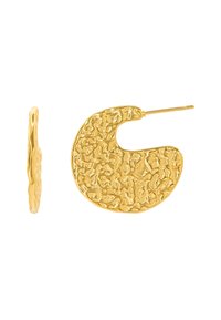 Orecchini a cerchio in oro con superficie testurizzata e martellata; forma circolare con un ritaglio distintivo, dotati di chiusura a perno per un indossamento sicuro.